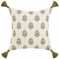Dekokissen 45 x 45 cm aus Stoff in Creme/Olivgrün mit Blattmuster und Quasten