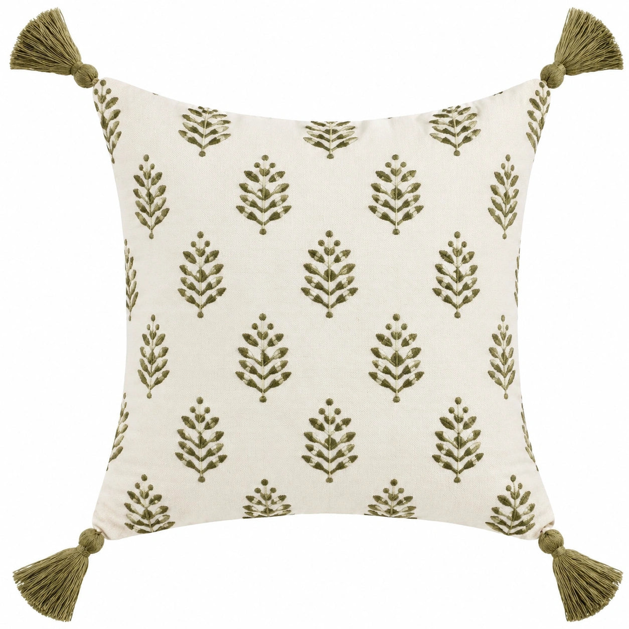 Dekokissen 45 x 45 cm aus Stoff in Creme/Olivgrün mit Blattmuster und Quasten