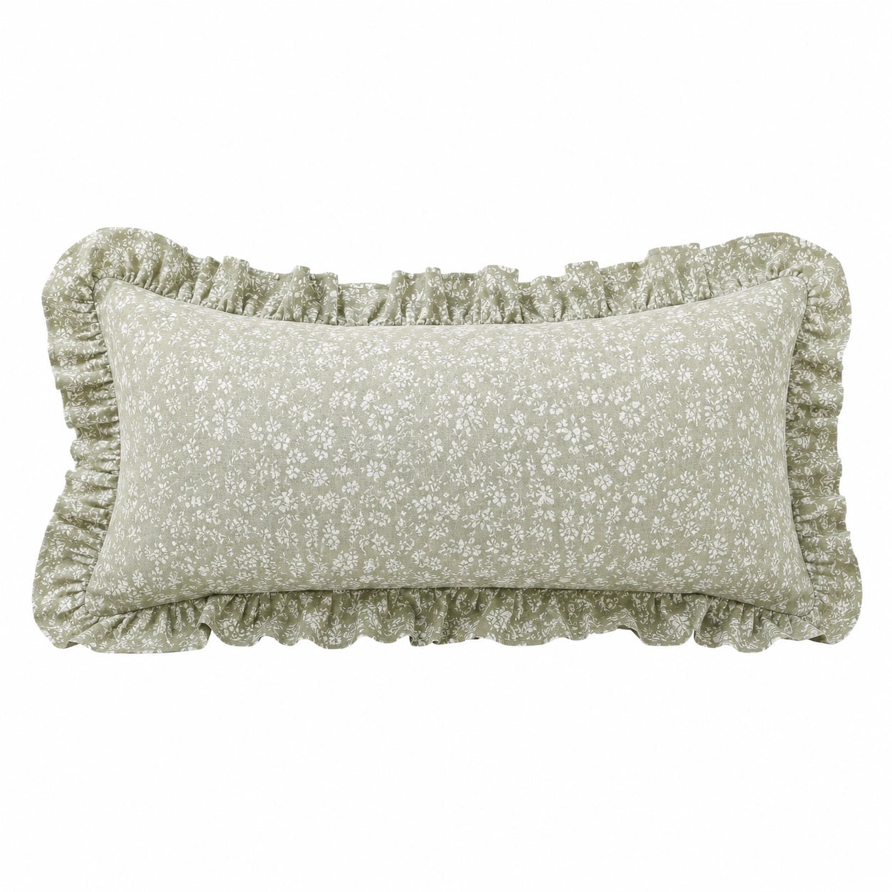 Dekokissen 50 x 30 cm Stoff Salbeigrün mit Blumenmuster und Rüschen