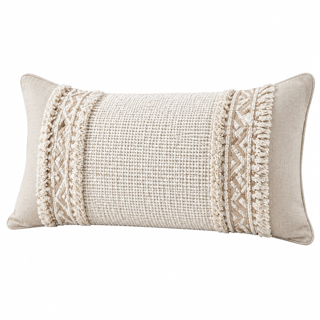 Dekokissen 50 x 30 cm Beige Creme Textil mit Fransen Strukturmuster