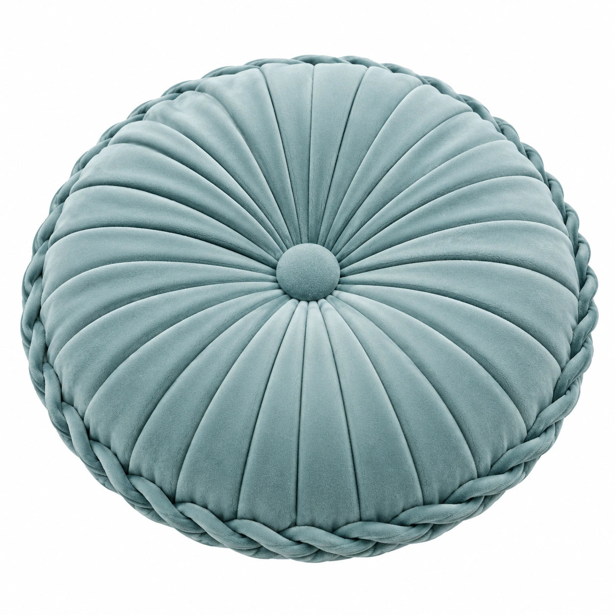 Rundes Zierkissen 45 cm Samt Hellblau gerafftes Blütendesign