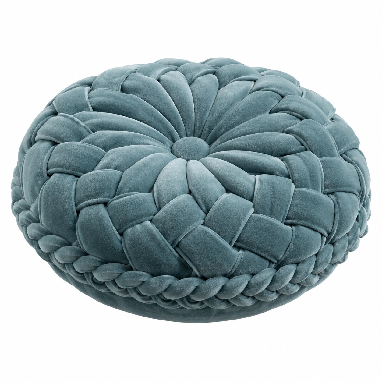 Rundes Dekokissen 45 cm aus Polyester in Blaugrün mit geflochtener Struktur